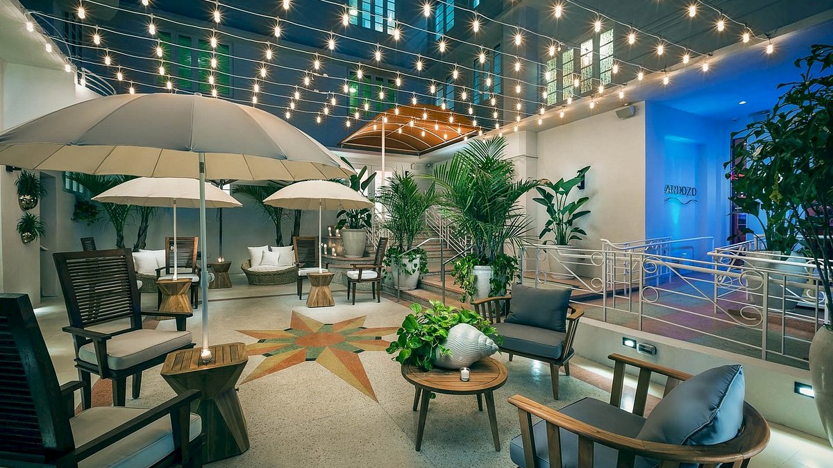 An outdoor patio with string lights, umbrellas, and wooden seating arranged around tables. The area is decorated with potted plants, creating a cozy ambiance.