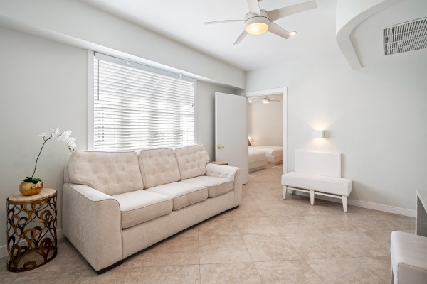 A bright living room with a beige sofa, small table with a plant, chair, ceiling fan, and open door leading to another room.