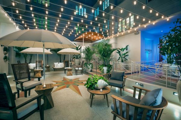 An outdoor patio features string lights, comfortable seating, umbrellas, and lush green plants, creating a cozy and inviting atmosphere.