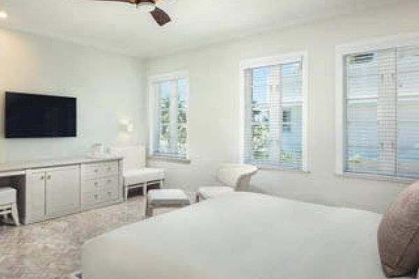 The image shows a modern bedroom with a large bed, a mounted TV, a ceiling fan, and several windows. The room is furnished in a light color palette. ADA Suite