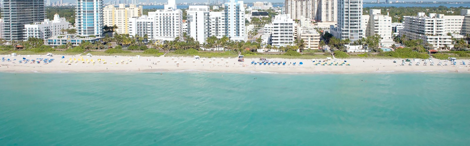 A beachfront cityscape with numerous high-rise buildings, clear blue sky, and calm turquoise water on a sunny day.