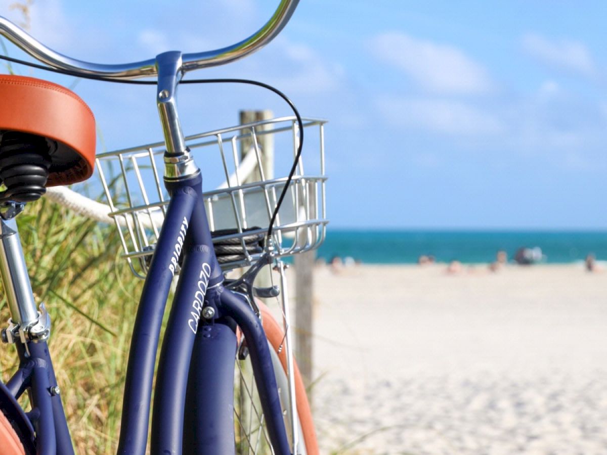 The image features a parked bicycle with a basket at a sandy beach, with people in the distance and a clear blue sky.