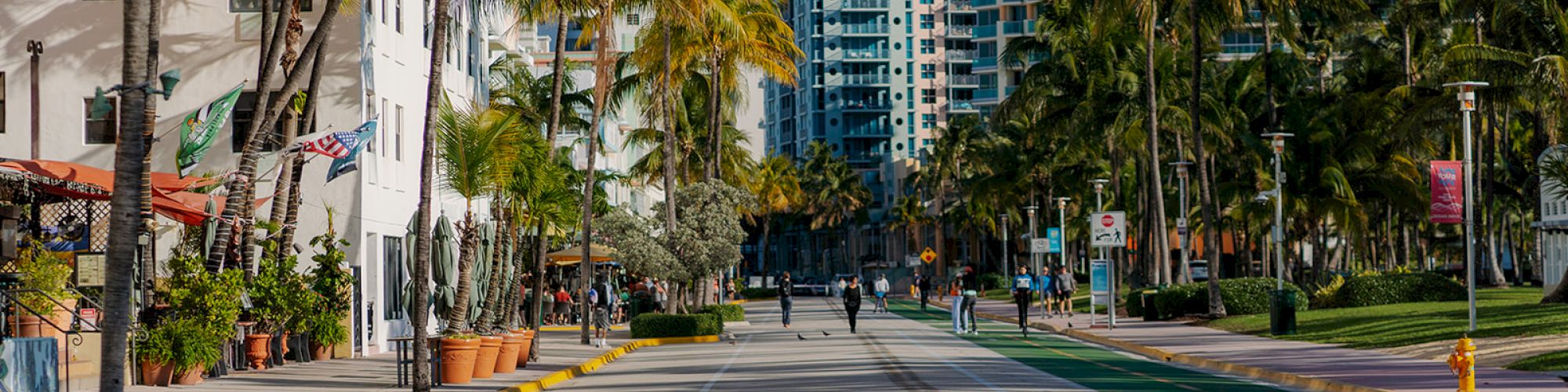 An urban street scene with tall buildings, palm trees, and some pedestrians in the distance on a clear, sunny day ending the sentence.