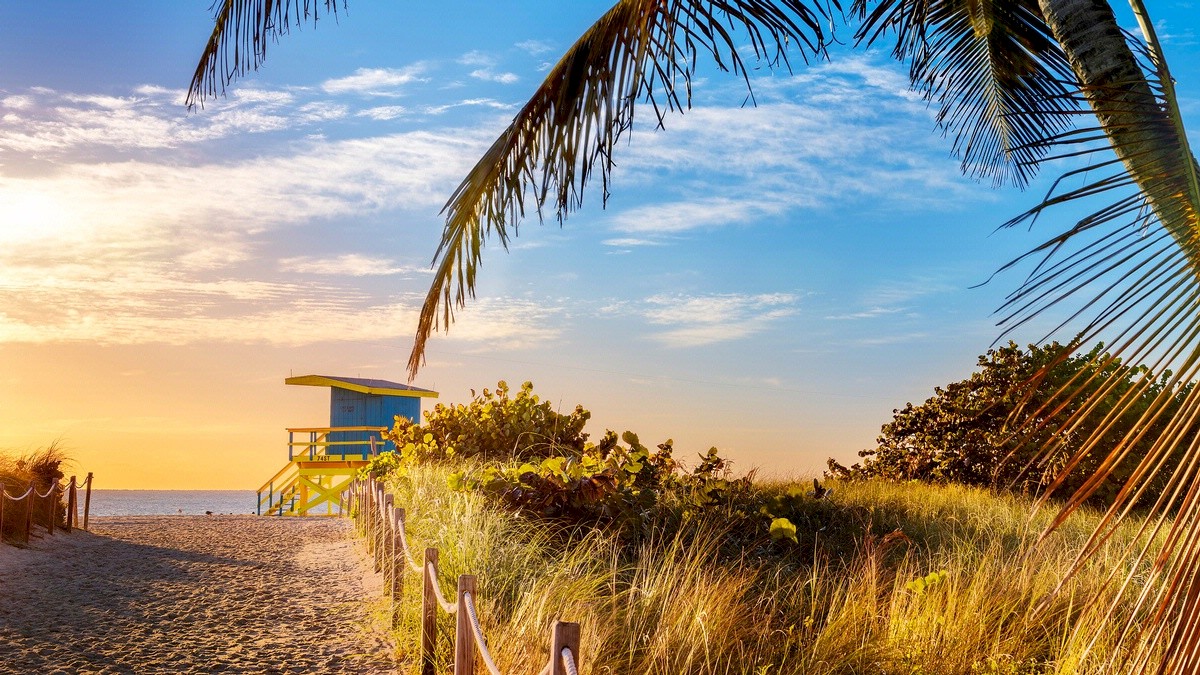 A picturesque beach with a lifeguard tower, sandy path, lush greenery, and palm trees under a vibrant sunrise or sunset sky.