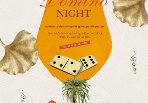 A flyer for a Domino Night event features Latin-inspired decor, including gold leaves, a palm tree, dominoes, and illustrations of a car and people relaxing.