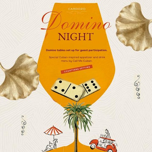 A flyer for a Domino Night event features Latin-inspired decor, including gold leaves, a palm tree, dominoes, and illustrations of a car and people relaxing.